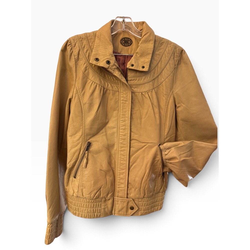 Idra Anthropologie Tan Leather Bomber Jacket Star Print Lining Smocked Hem L